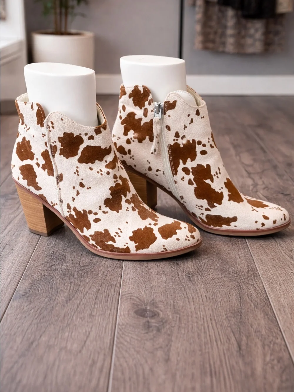 Cowhide Print Ankle Boots - Cream & Brown - Picture 1 of 5